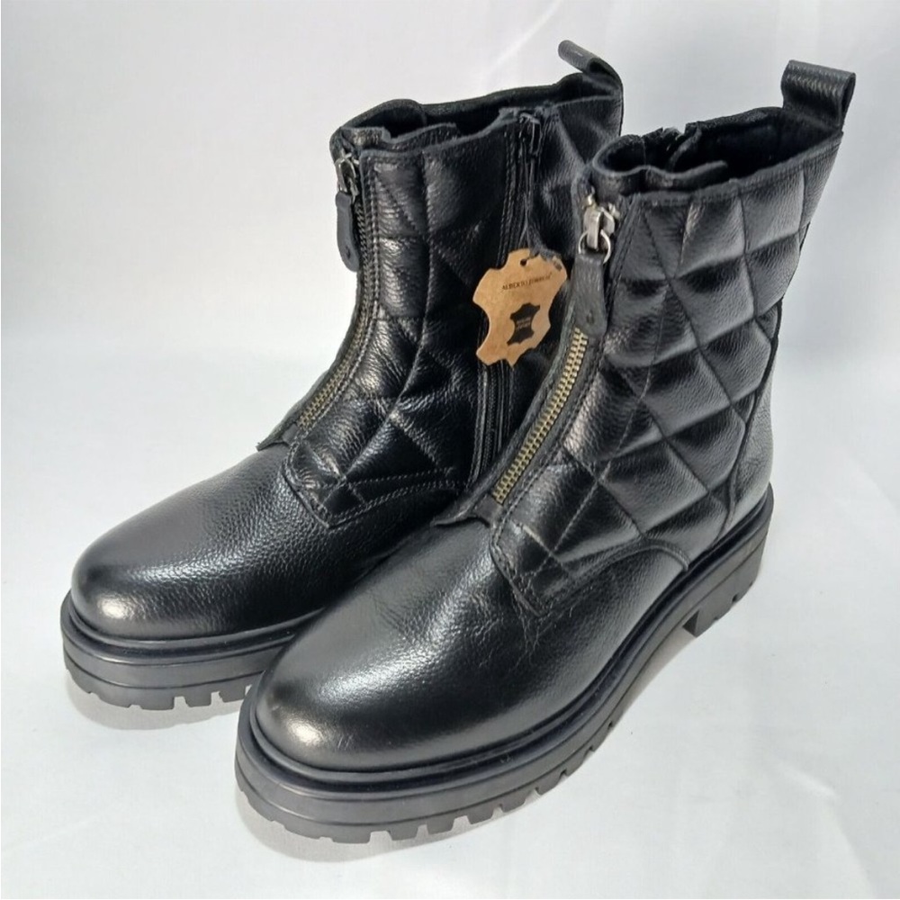 Alberto Torresi Black Moto Lug Combat Boots Leather Quilted Lined Side Zip
